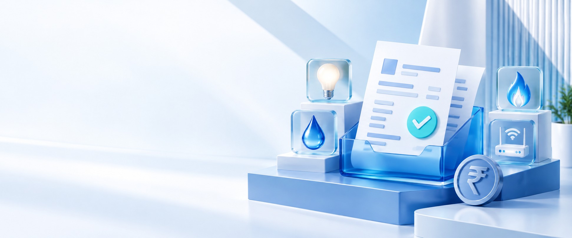 Utility bills surrounded by electricity, water, gas and broadband service icons.