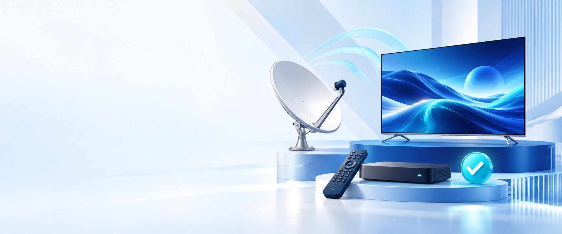 A television, satellite dish, remote control and set-top box representing DTH recharge.