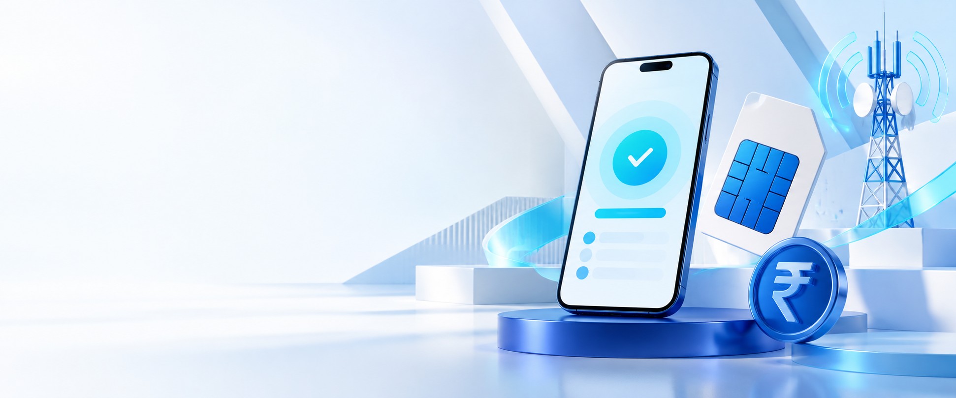 A blue smartphone, SIM card and telecom antenna representing mobile recharge.